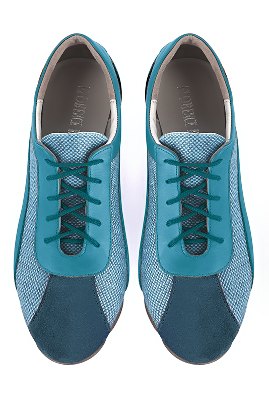 Peacock blue women's two-tone elegant sneakers. Round toe. Flat rubber soles. Top view - Florence KOOIJMAN